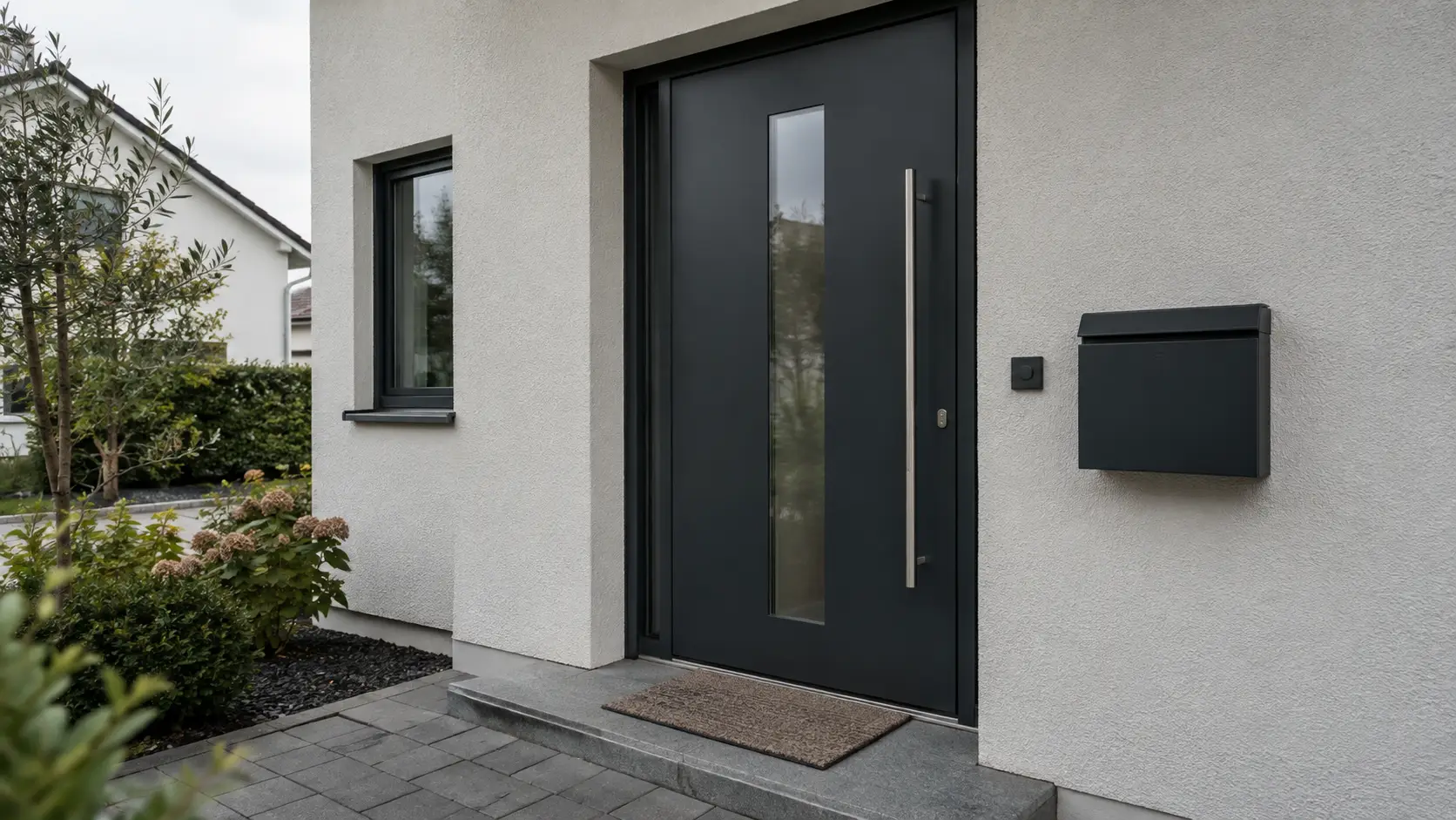 Neu eingebaute Haustür aus Eiche in verputzter Fassade