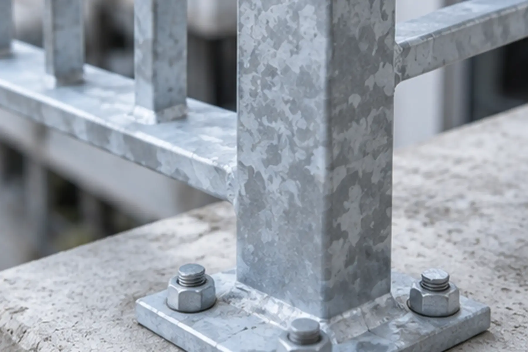 Detail einer verankerten Pfostenfußplatte auf Beton