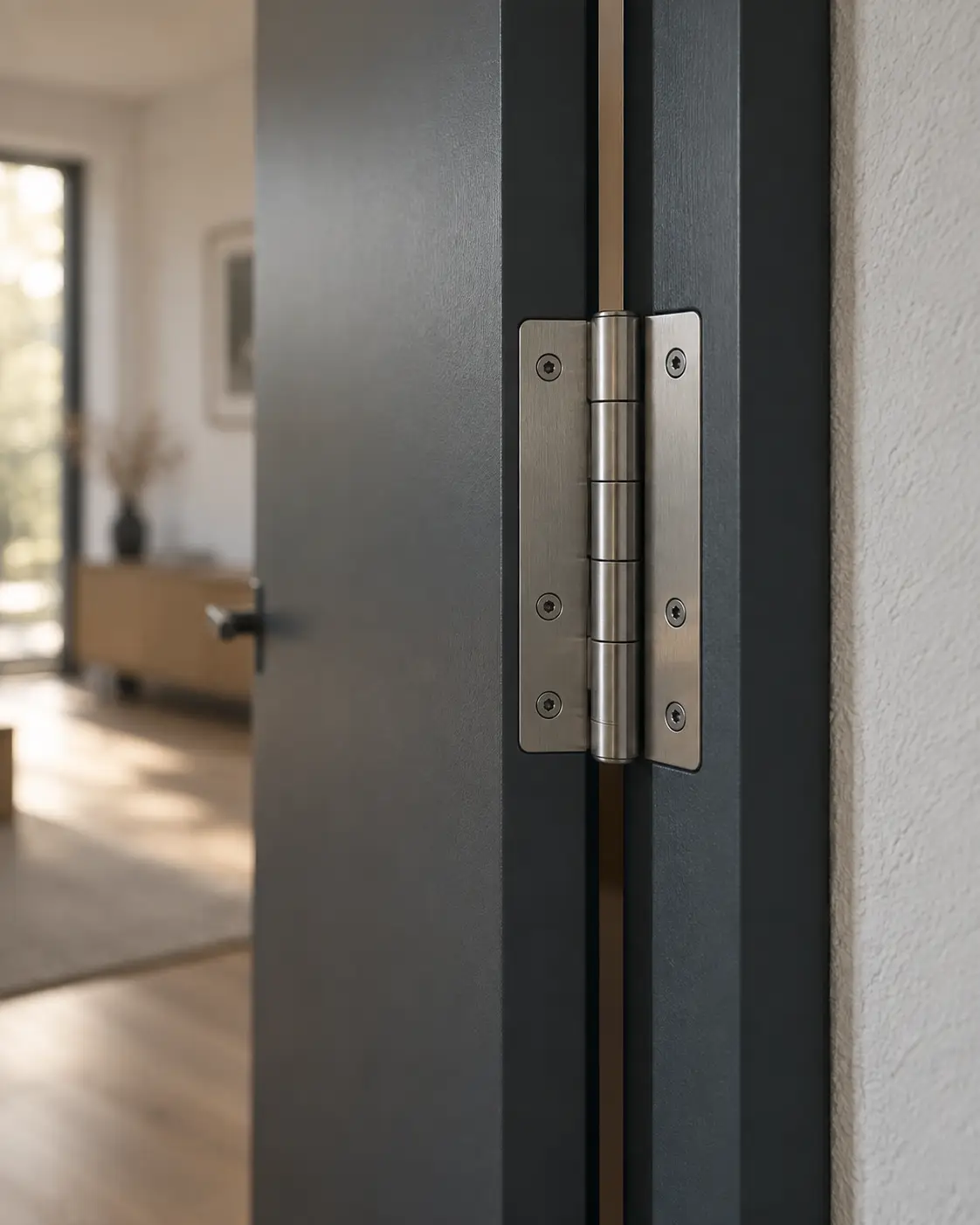 Detail eines Edelstahlscharniers an einer weiß lackierten Innentür