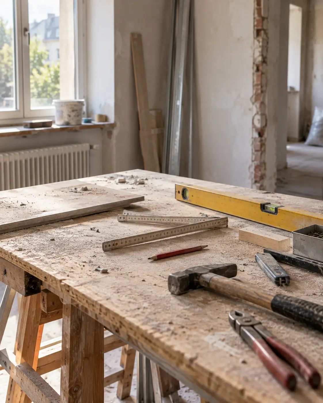 Werkzeug auf der Arbeitsflaeche in einer Wohnung im Umbau