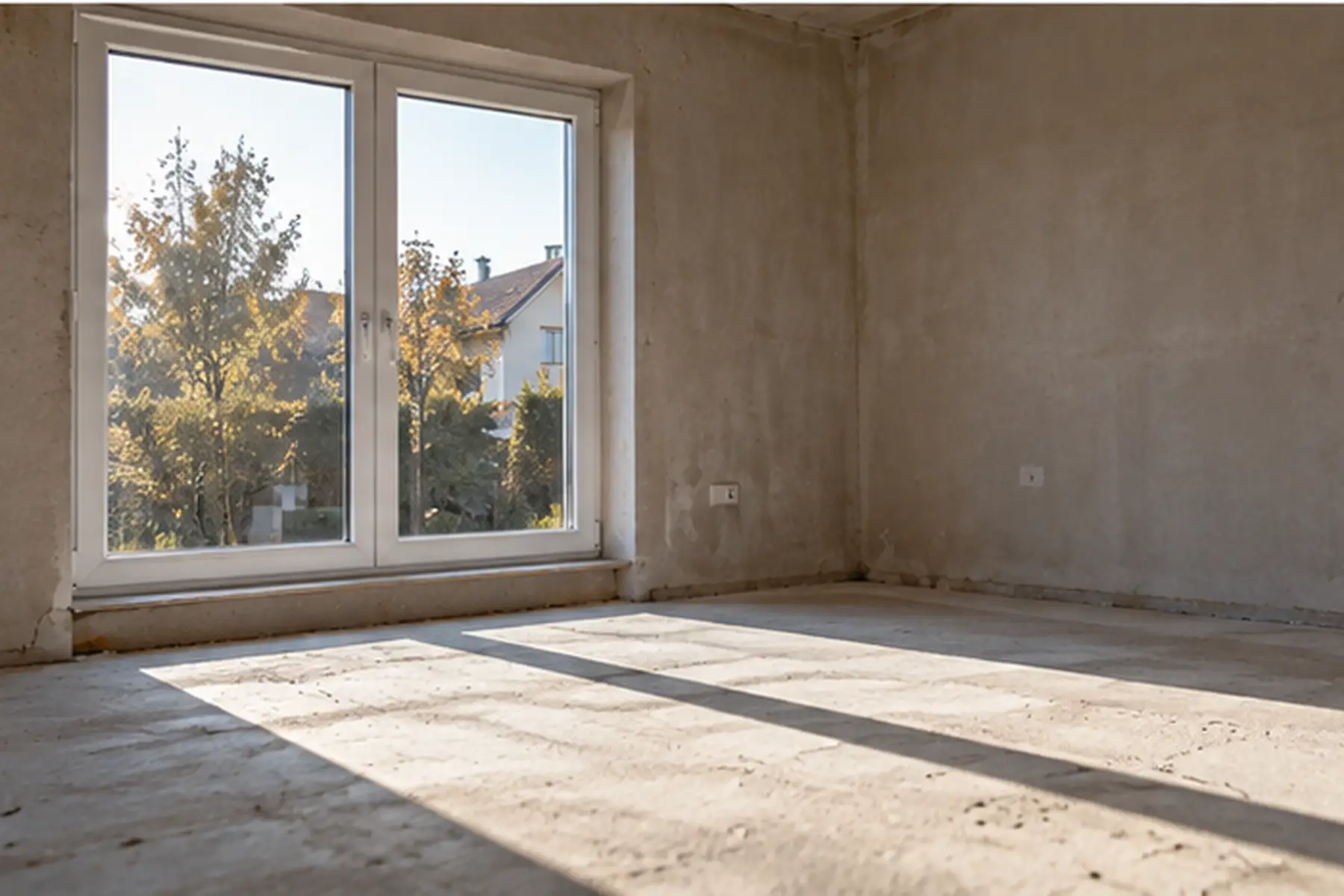 Neu eingesetztes Fenster von innen in einem unfertigen Raum