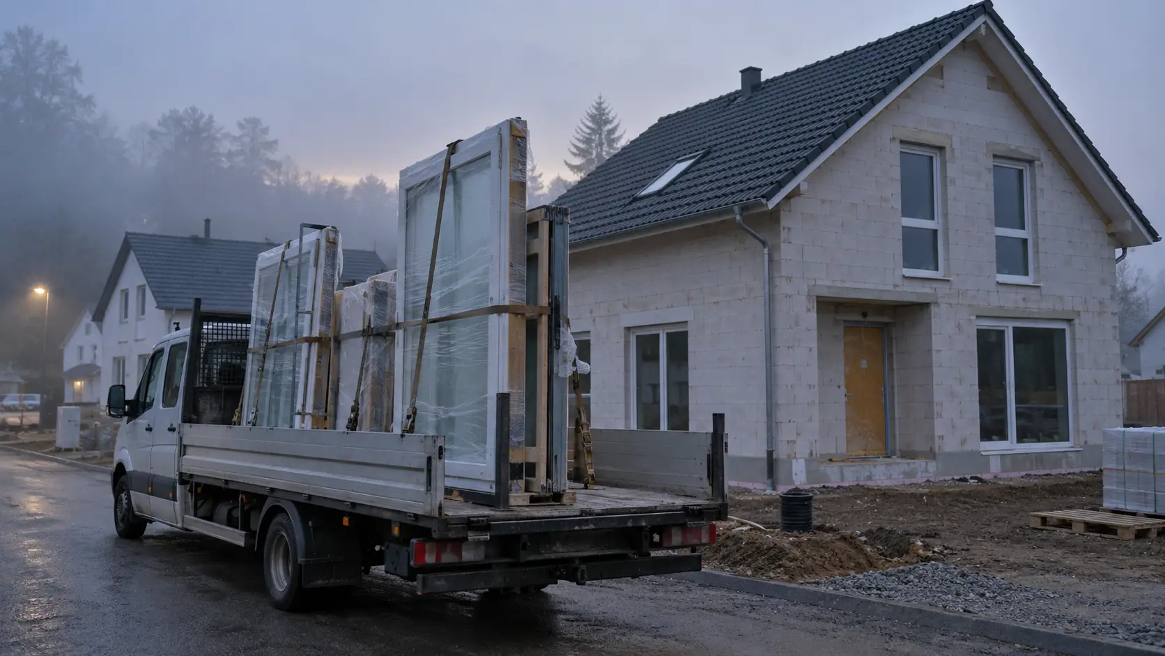 Fensterlieferung im Morgennebel vor einem Neubau