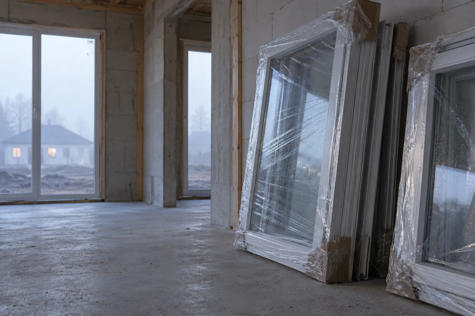 Fensterrahmen im Rohbau im Morgenlicht