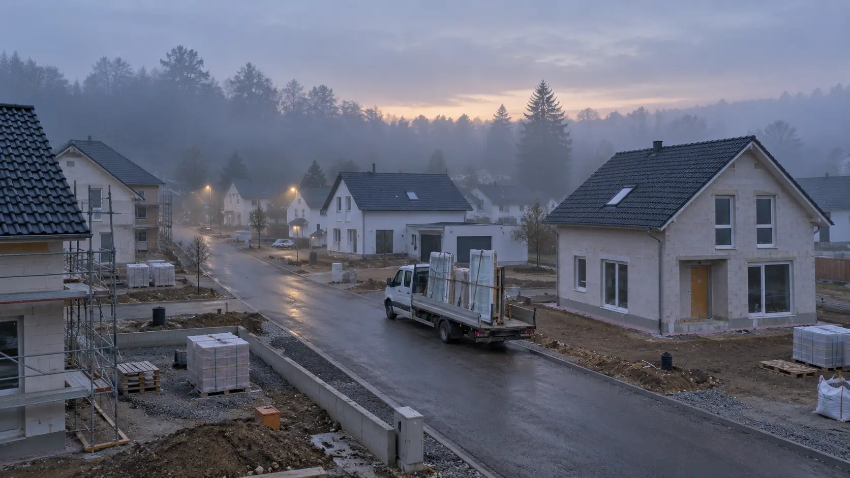 Neubauviertel im Nebel bei Tagesanbruch