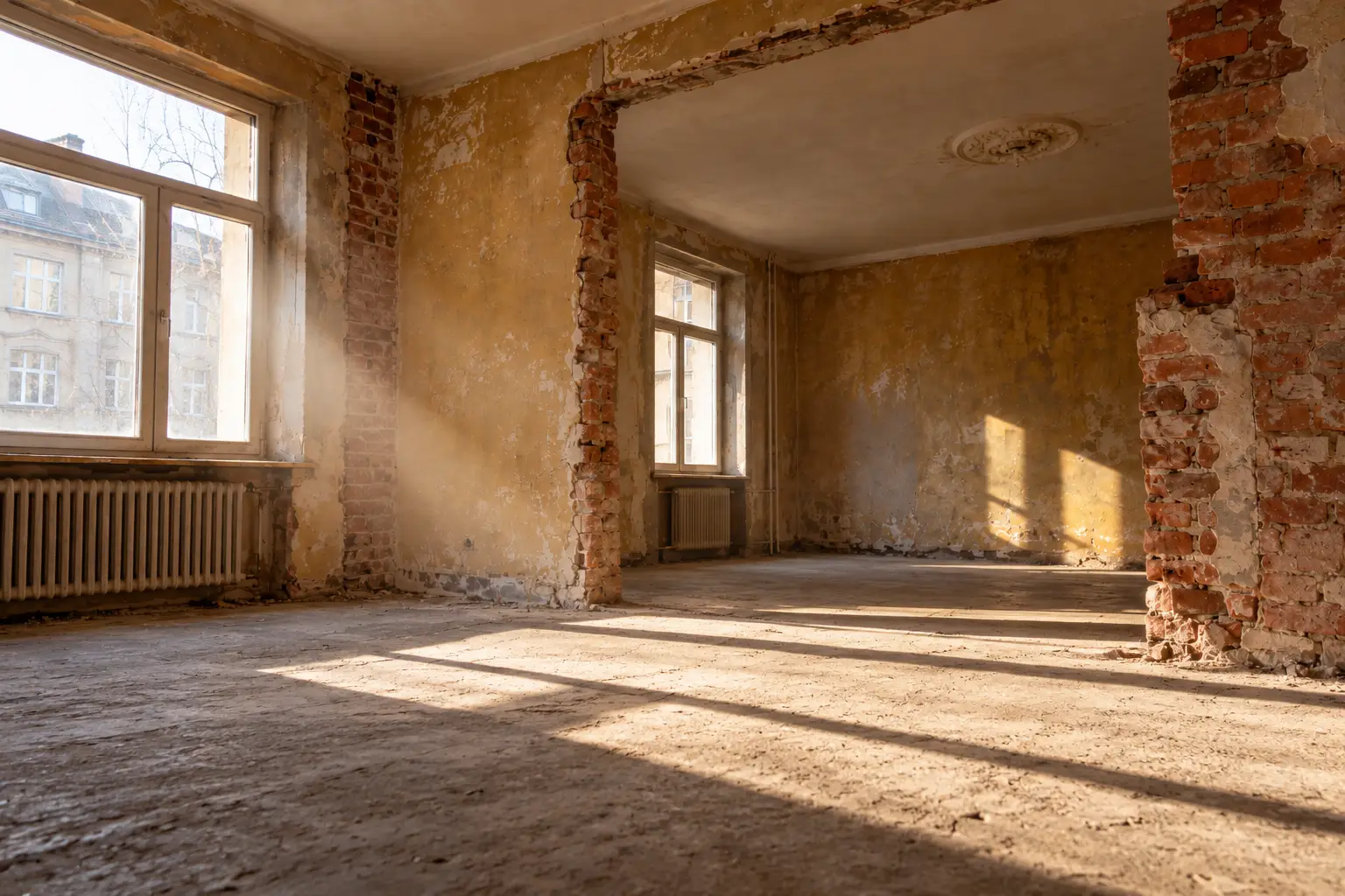 Entkerntes Altbauzimmer mit Sonnenlicht im Staub